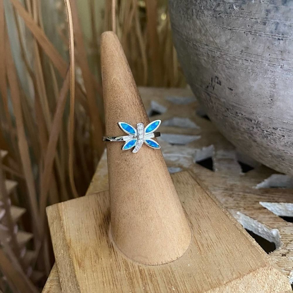 Dragonfly Blue Opal & Cz Sterling Silver Ring 5,6